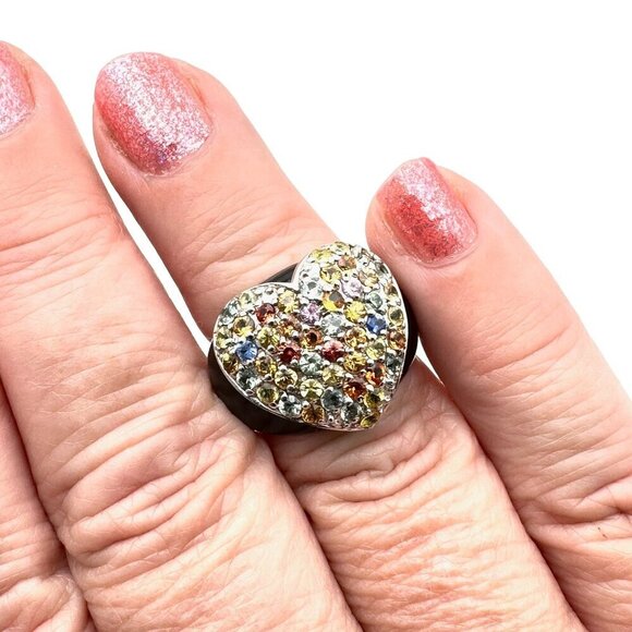 Sterling Silver Womens Ring Multicolor Tourmaline Heart Black Enamel Size 6 - Picture 4 of 8